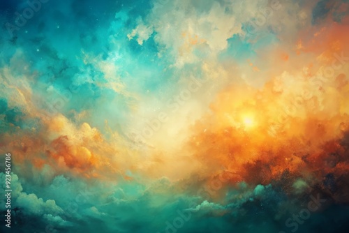 Vibrant abstract background featuring a gradient of teal and amber hues, evoking a watercolor sky or patina surface, perfect for creative designs and artistic visuals.