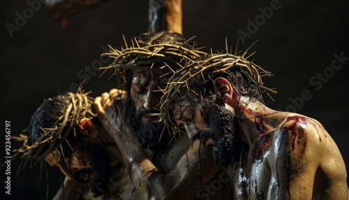 Crucifixion of Jesus and two criminals depicted in dramatic dark lighting during a solemn event