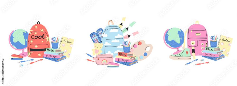 Obraz premium School supplies. Cute stationery. Backpack, pen and pencil. Study books. Stapler and glue. Adhesive tape and paper notes. Scissors or highlighter marker. Education vector cute cartoon illustration