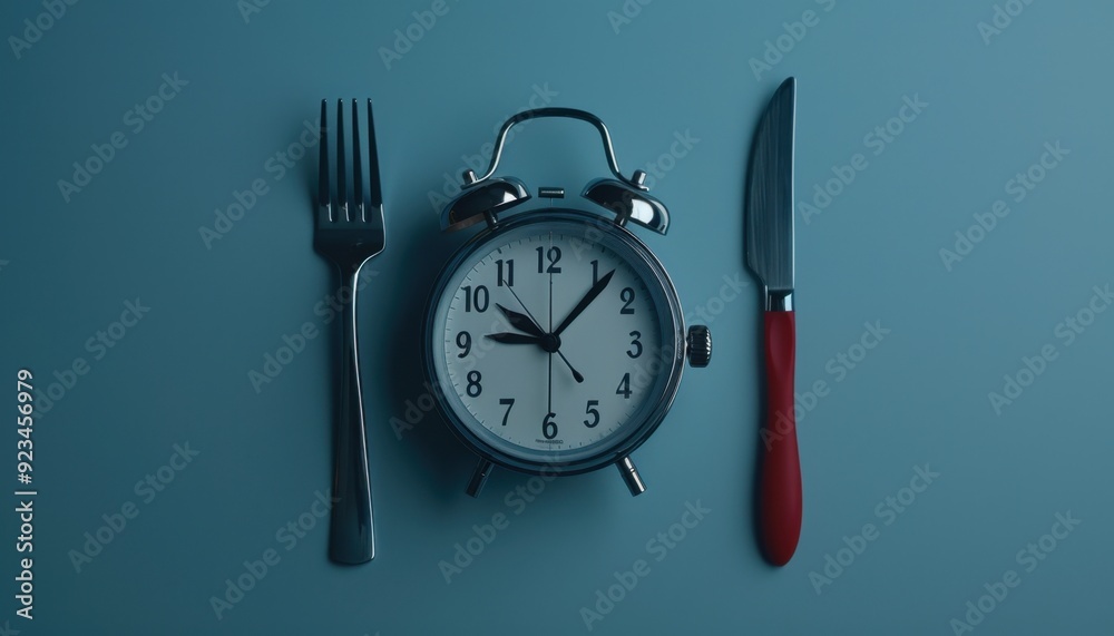 Fork and knife beside an alarm clock on a blue background in a minimalist layout