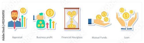 A set of 5 business icons as appraisal, business profit, financial hourglass,