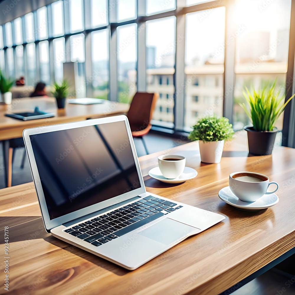 Modern office desk with notebook laptop computer, coffee cup, and office accessories on wood table in office room.
Modern office desk with notebook laptop computer, coffee cup, and office accessories on wood table in office room.