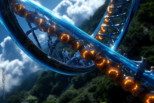 An adventure scene showing scientists journeying into a giant DNA strand, with the double helix structure towering above them like a massive bridge photo