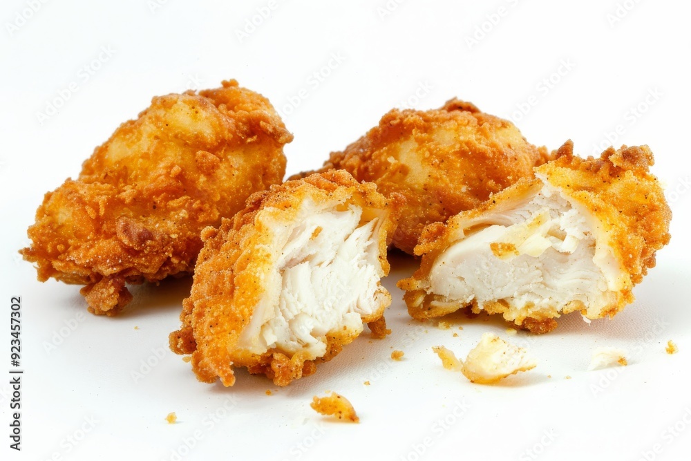 Crunchy fried Chicken nuggets cut in half on a white isolated transparent background. Crunchy fried Chicken nuggets cut in half on a white isolated transparent background.