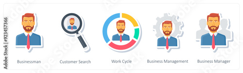 A set of 5 business icons as businessman, customer search, work cycle