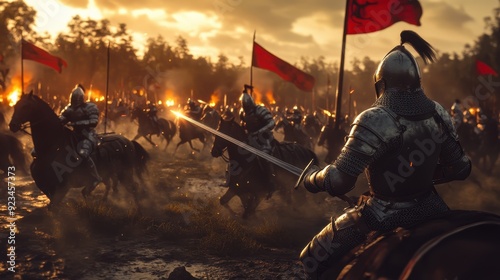 Medieval Knight on Horseback During Battle at Sunset.