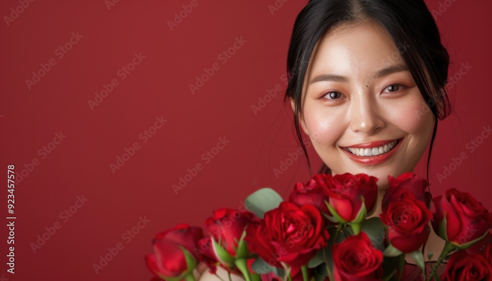 Woman smiling while holding a bouquet of red roses against a solid red background Woman smiling while holding a bouquet of red roses against a solid red background