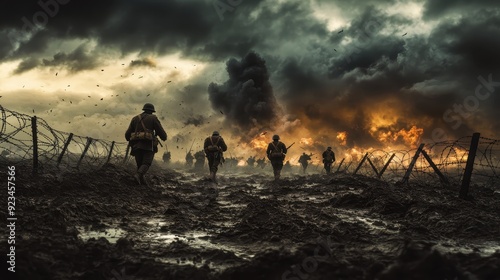World War I Soldiers Marching Through Battlefield With Smoke and Fire in the Background.