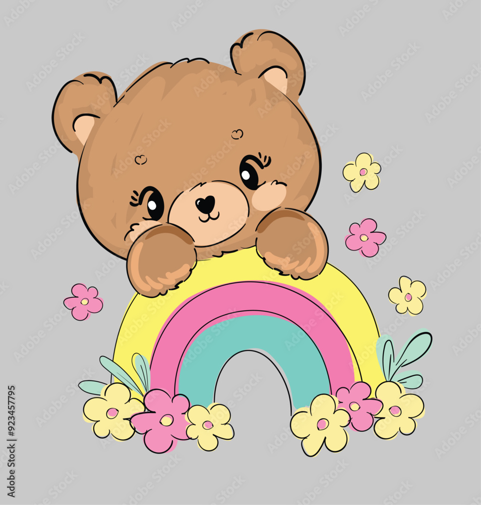 cute teddy bear and rainbow hand drawn kids print vector illustration cute teddy bear and rainbow hand drawn kids print vector illustration