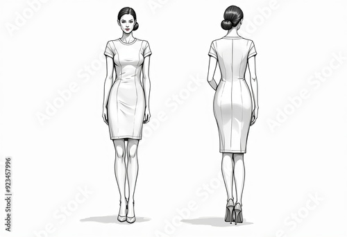 hort Sleeve Crew Neck Sheath Dress Design: Fashion Illustration, CAD Vector Template for Sewing Pattern 
