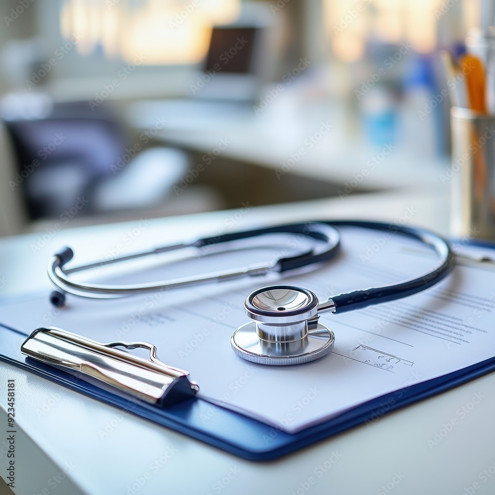 Stethoscope on Clipboard with Medical Forms in Blurred Doctor's Office Background.