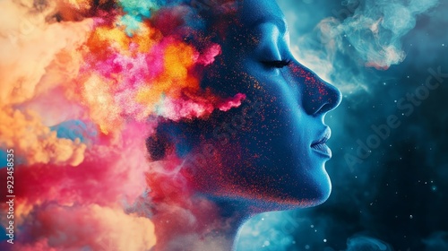 A woman with closed eyes, surrounded by vibrant colorful clouds, symbolizing dreams, imagination, inner beauty, freedom, and the power of the mind.