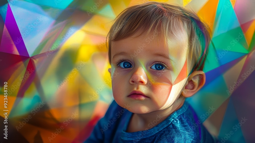 A young boy looks through a window of colorful geometric shapes. The light shines through the glass, casting shadows on his face. The image evokes a sense of wonder, curiosity, and playfulness.