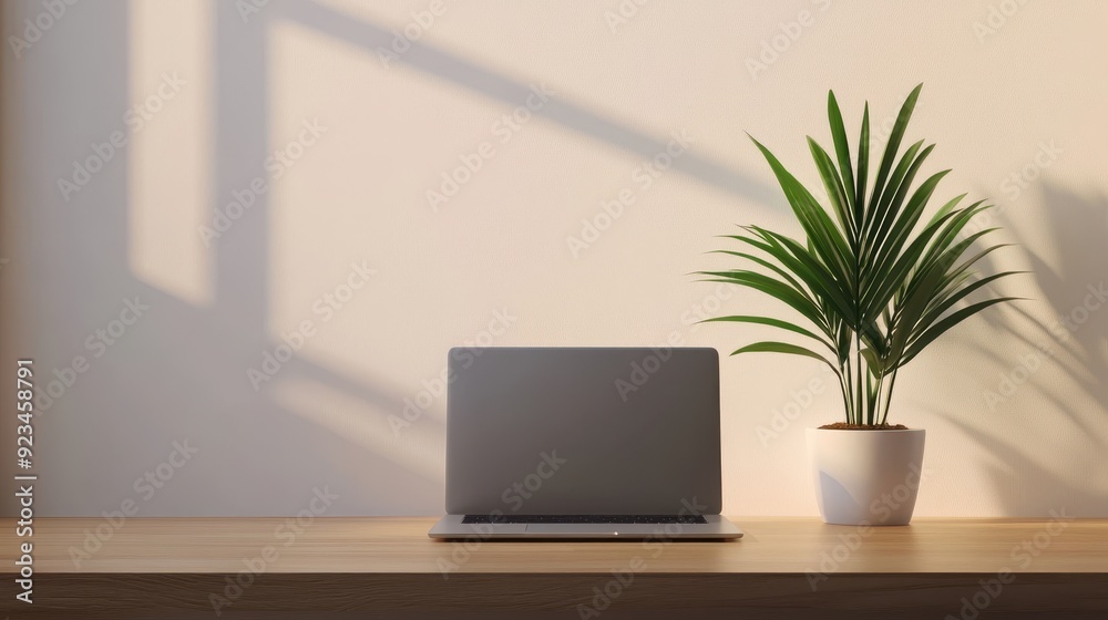 Minimalist Home Office Workspace with Laptop, Plant, and Natural Light.