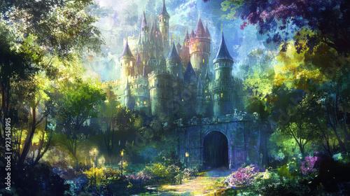 Enchanting fairy castle design, featuring a fusion of artistic styles, with a detailed fantasy garden background resembling watercolor paintings and realistic illumination.