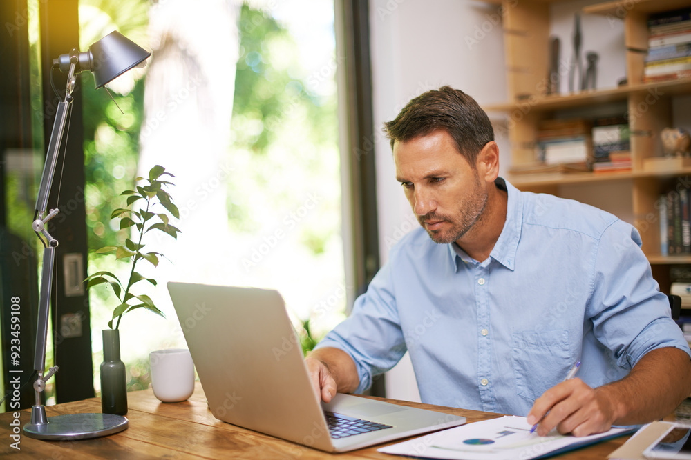 Research, planning and man in home office with laptop, business growth and professional with online stats report. Remote work, data analysis and consultant at computer reading email or writing notes Research, planning and man in home office with laptop, business growth and professional with online stats report. Remote work, data analysis and consultant at computer reading email or writing notes