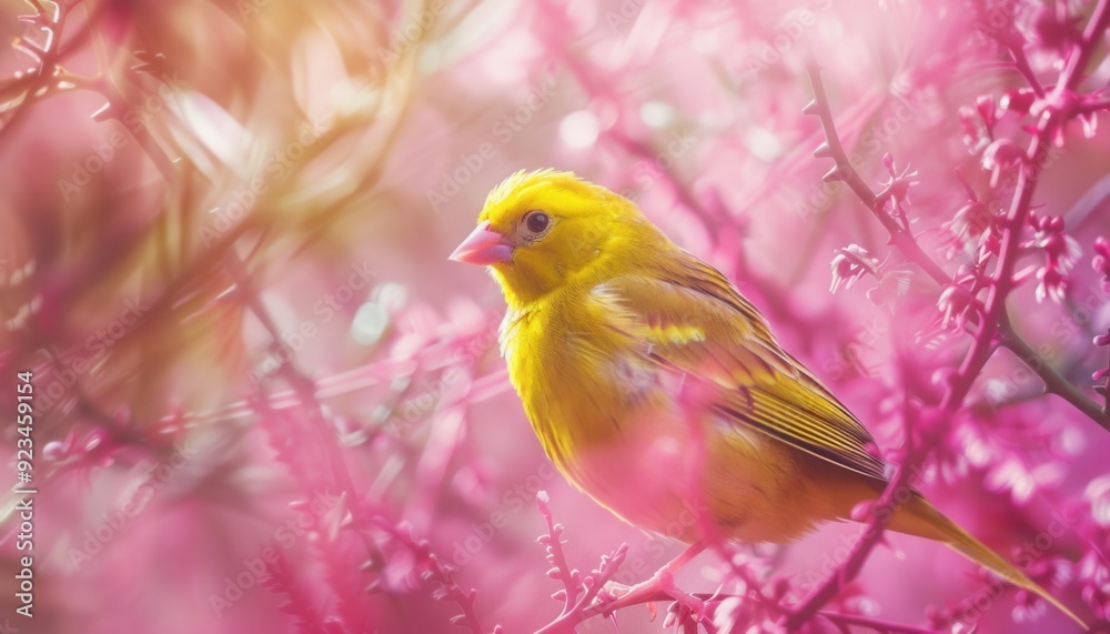 Yellow bird perched among pink blossoms in a vibrant spring garden Yellow bird perched among pink blossoms in a vibrant spring garden