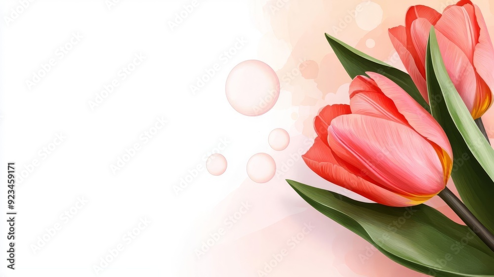 Watercolor illustration clipart of a tulip in bloom, pink petals with a slight golden sheen, isolate on white background, pastel bokeh bubbles gently floating around Watercolor illustration clipart of a tulip in bloom, pink petals with a slight golden sheen, isolate on white background, pastel bokeh bubbles gently floating around