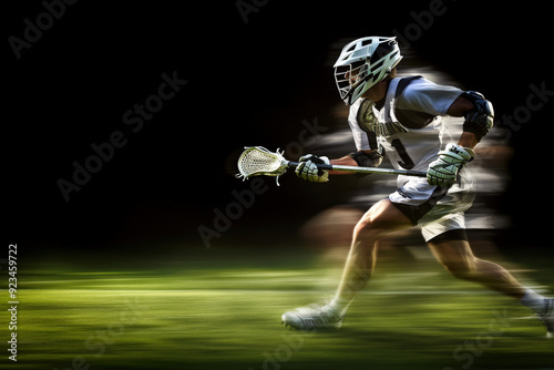 Lacrosse player running with his stick, moving so fast he is a blur, during a championship game