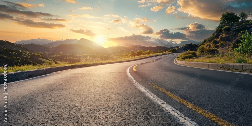A beautifully winding road stretching into the distance, set against a backdrop of picturesque hills and a vibrant sunset sky, symbolizing the journey and new horizons.