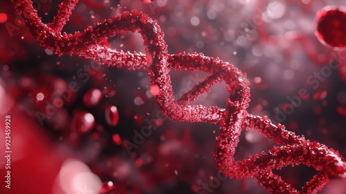 Illustration of red cells entwined in a double helix, symbolizing the connection to DNA