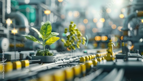 Green plants growing in a futuristic industrial setting with intricate technology