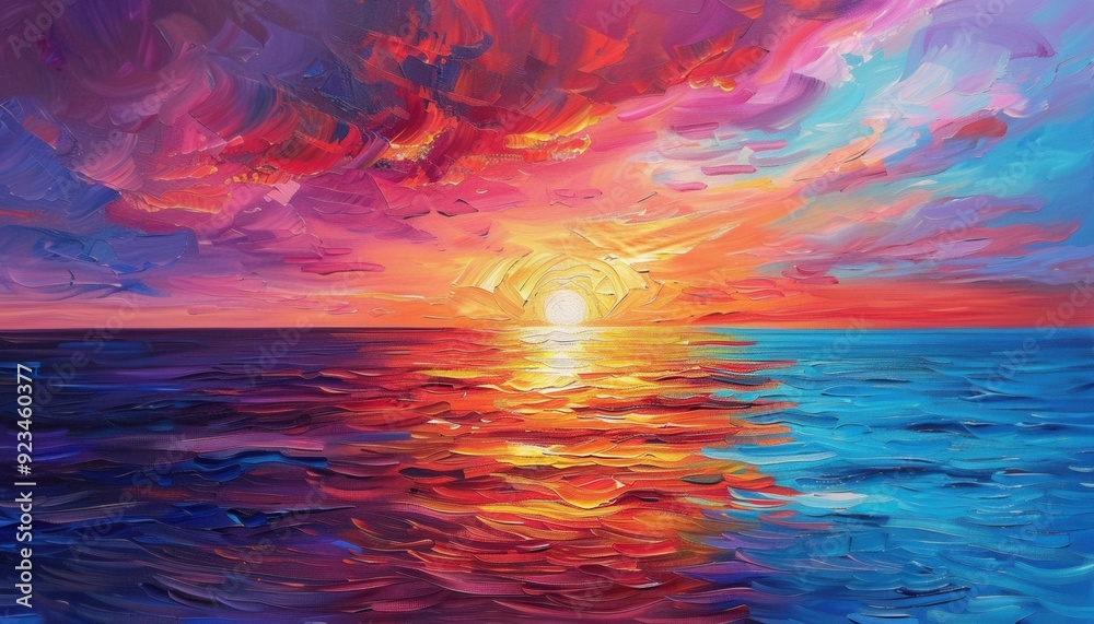 Vibrant sunset over the ocean with swirling colors and reflections Vibrant sunset over the ocean with swirling colors and reflections