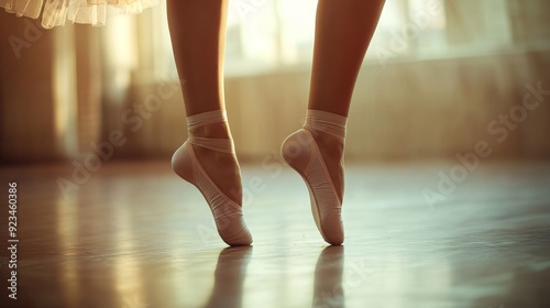 Ballerina pointe shoes on a wooden floor, symbolizing grace, elegance, artistry, strength, and dedication.