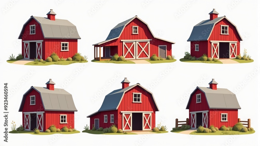 Naklejka premium Collection of Red Barn Illustrations in Different Designs for Farm and Agricultural Themes