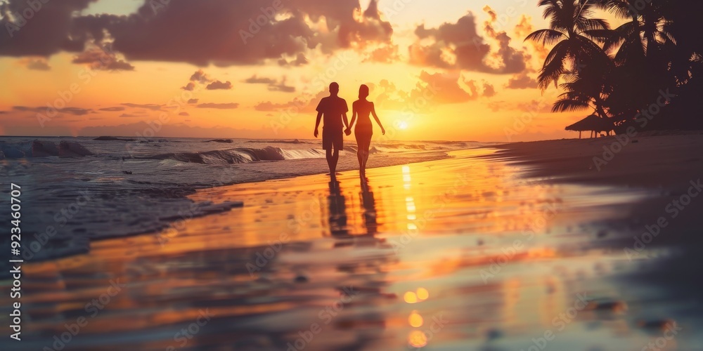 The couple walks hand in hand along a sandy beach during sunset, with the sky painted in warm hues, reflecting love, romance, and tranquility in nature. The couple walks hand in hand along a sandy beach during sunset, with the sky painted in warm hues, reflecting love, romance, and tranquility in nature.