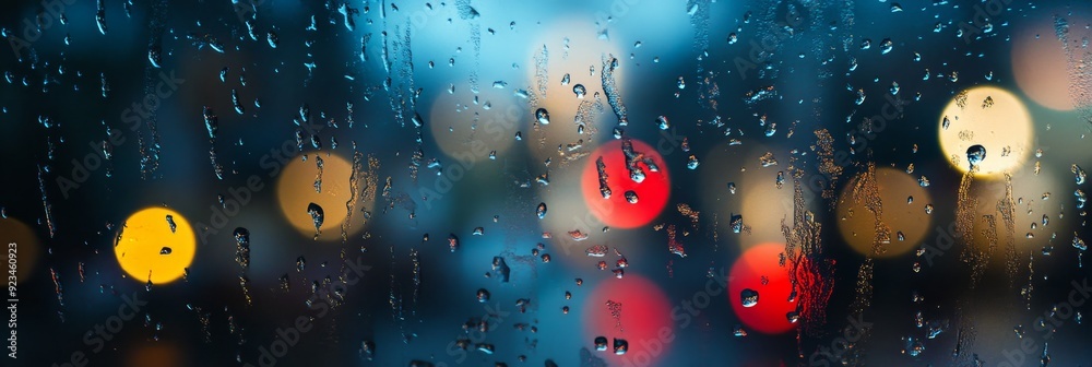 Φωτογραφία Raindrops on a window with city lights blurred in the background, symbolizing a rainy night, the city, reflection,  and the passage of time