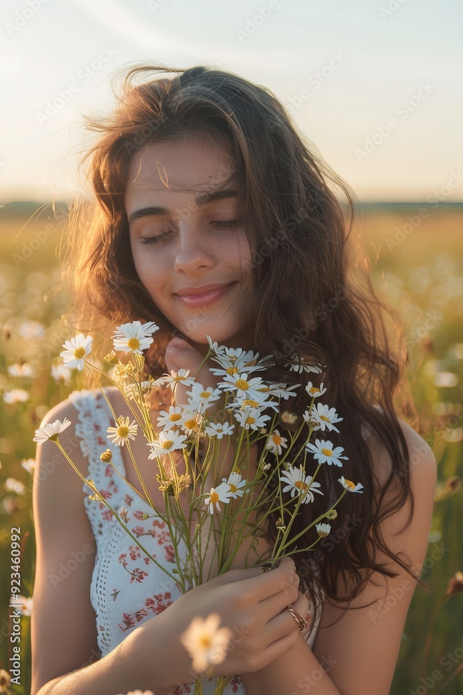 A woman with wavy hair happily holding a bunch of daisies in a vast field of flowers during sunset, projecting a sense of peace and contentment. A woman with wavy hair happily holding a bunch of daisies in a vast field of flowers during sunset, projecting a sense of peace and contentment.