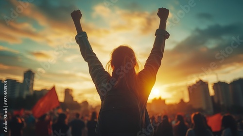 Empowered Woman Celebrating at Sunset During a Peaceful Protest in Urban Cityscape