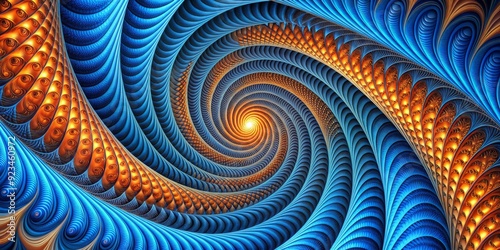 Vibrant blue and orange abstract geometric spirals swirling together in a mesmerizing dance, creating a hypnotic and dynamic visual pattern of infinite beauty. photo