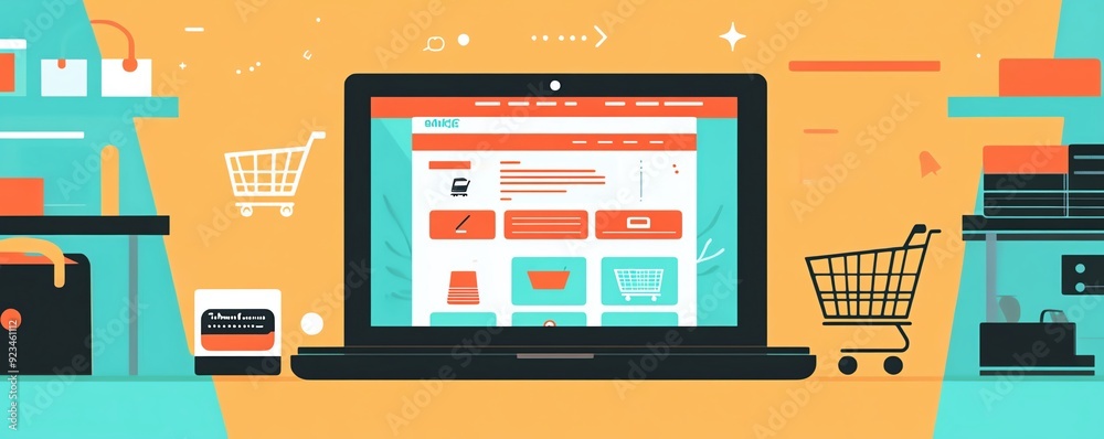 A flat art illustration of a laptop screen displaying an eCommerce website with product listings and a shopping cart icon high detailed A flat art illustration of a laptop screen displaying an eCommerce website with product listings and a shopping cart icon high detailed