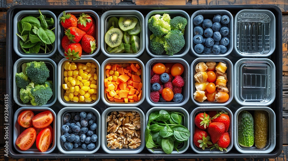 Naklejka premium children packed lunch box with balanced diet food,bottle of water on wooden table top view flat lay.