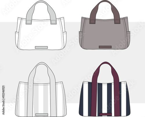 Tote bag flat sketch fashion illustration drawing template mock up, Canvas tote bag cad drawing. Carry bag flat sketch vector. 
