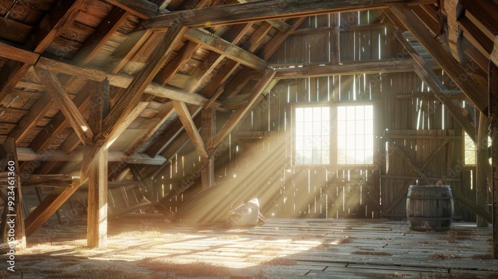 Sunlit hayloft with weathered wooden beams Sunlit hayloft with weathered wooden beams
