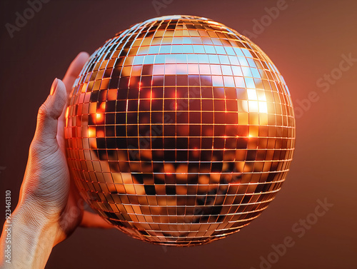 A hand is holding a shiny, metallic ball with a reflective surface. The ball appears to be a disco ball, and the image conveys a sense of fun and celebration photo