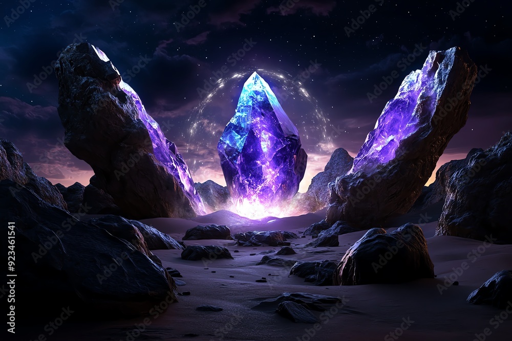Fototapeta premium An alien landscape with towering crystal formations and strange, floating rocks, with a mysterious energy field connecting them