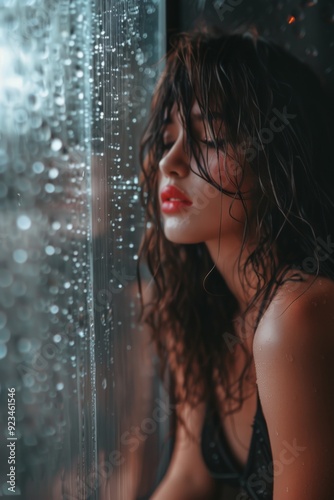 A woman with wet hair gazes out a rain-soaked window, her hand touching the glass as raindrops cascade down, reflecting in a mood of introspection and contemplation.