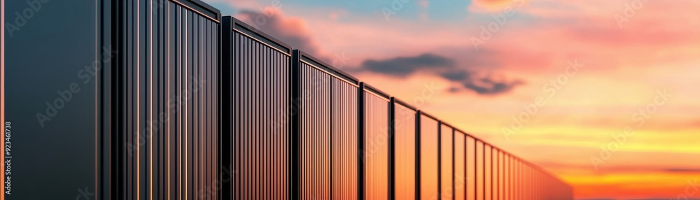 Fototapeta premium A vibrant sunset reflects on metallic containers, creating a stunning visual of color and structure in an industrial setting.