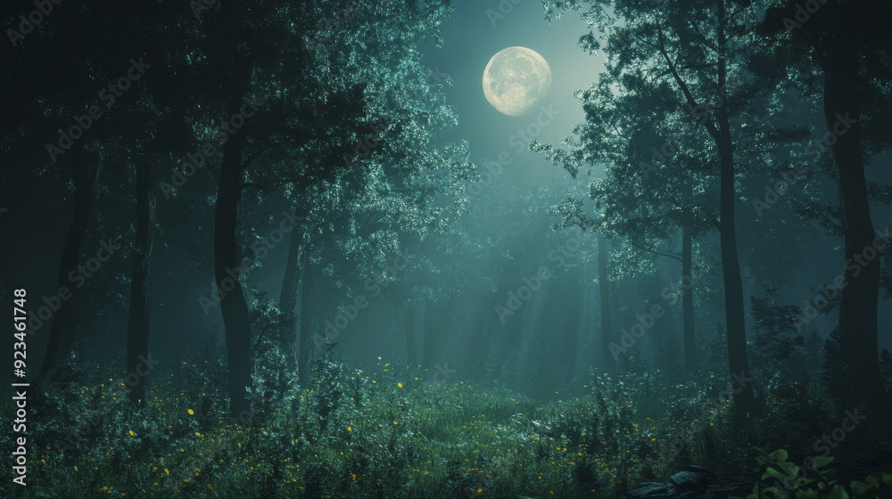 The image portrays a serene forest bathed in the soft glow of a full moon, with tall trees casting long shadows and a hint of fog adding to the mystical atmosphere. The image portrays a serene forest bathed in the soft glow of a full moon, with tall trees casting long shadows and a hint of fog adding to the mystical atmosphere.