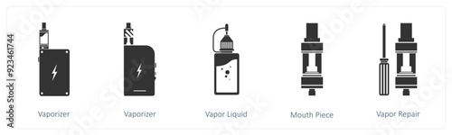 A set of 5 vaping icons as vaporizer, vapor liquid, mouth piece