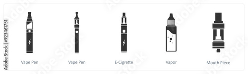 A set of 5 vaping icons as vape pen, e cigrarette, vapor