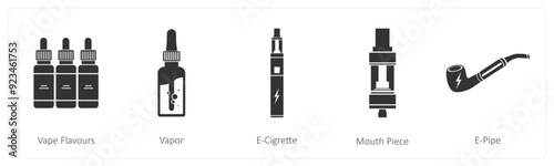 A set of 5 vaping icons as vapor flavours, vapor, e cigarette