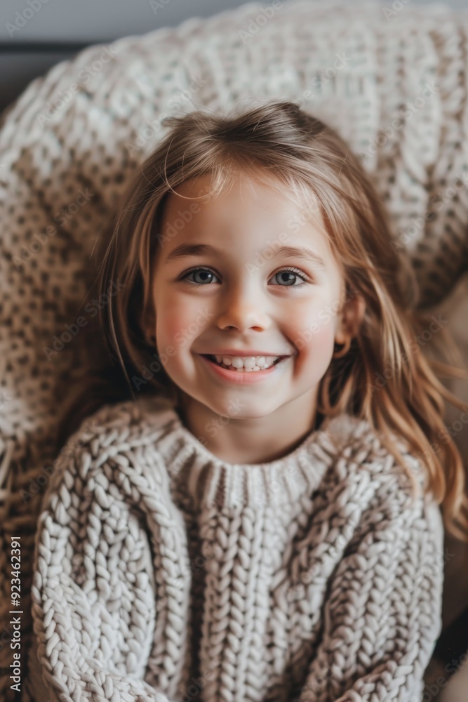 A young child wearing a beige knitted sweater sits comfortably on a cozy, textured blanket and smiles brightly at the camera, radiating happiness and warmth. A young child wearing a beige knitted sweater sits comfortably on a cozy, textured blanket and smiles brightly at the camera, radiating happiness and warmth.