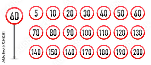 Road signs collection. Traffic control sign. Speed limit road sign set. Vector illustration