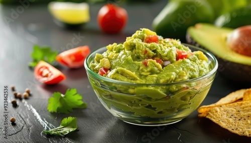 Fresh guacamole with tomatoes and herbs served with tortilla chips on a dark wooden table