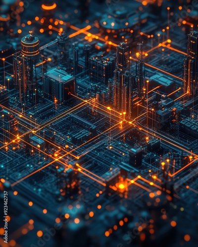 A 3D illustration of a global supply chain network with connected lines between factories, warehouses, and stores high detailed photo